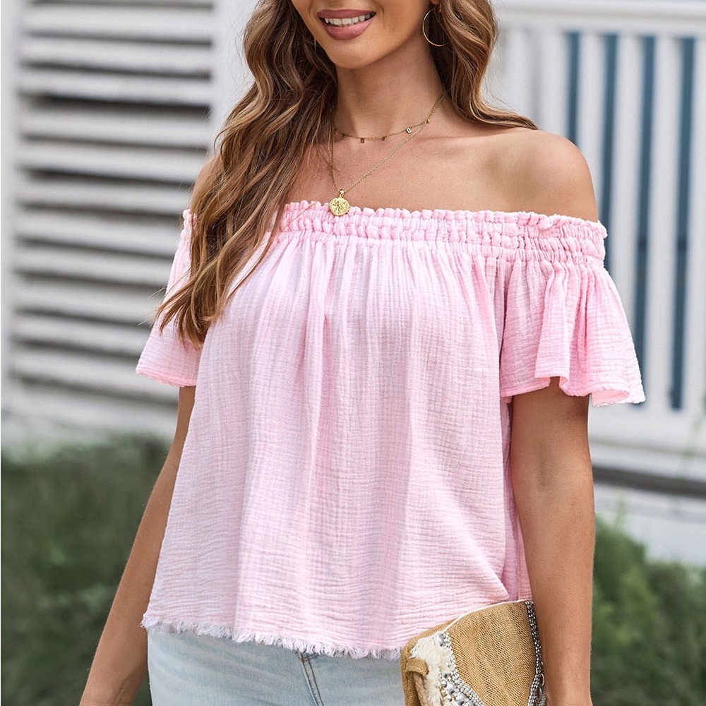 Off-Shoulder Short Sleeve Blouse Soft Cotton - Picture 10 of 13